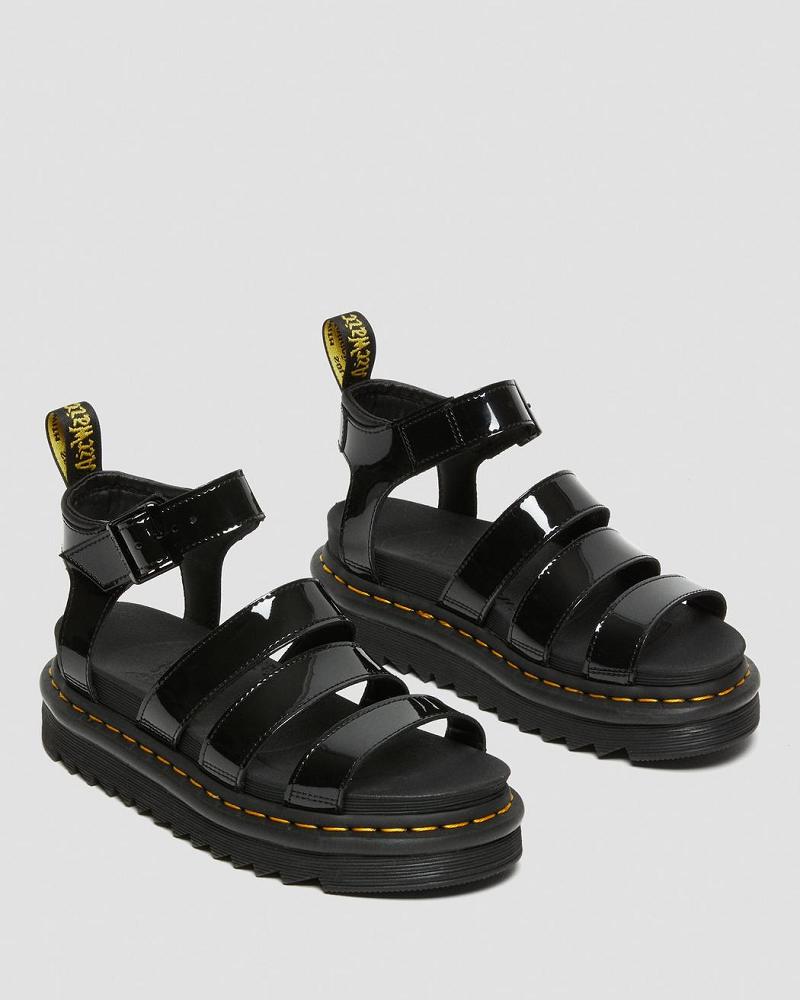 Dr Martens Blaire Patent Lær Gladiatorsandaler Dame Svarte | Norge 493FDN
